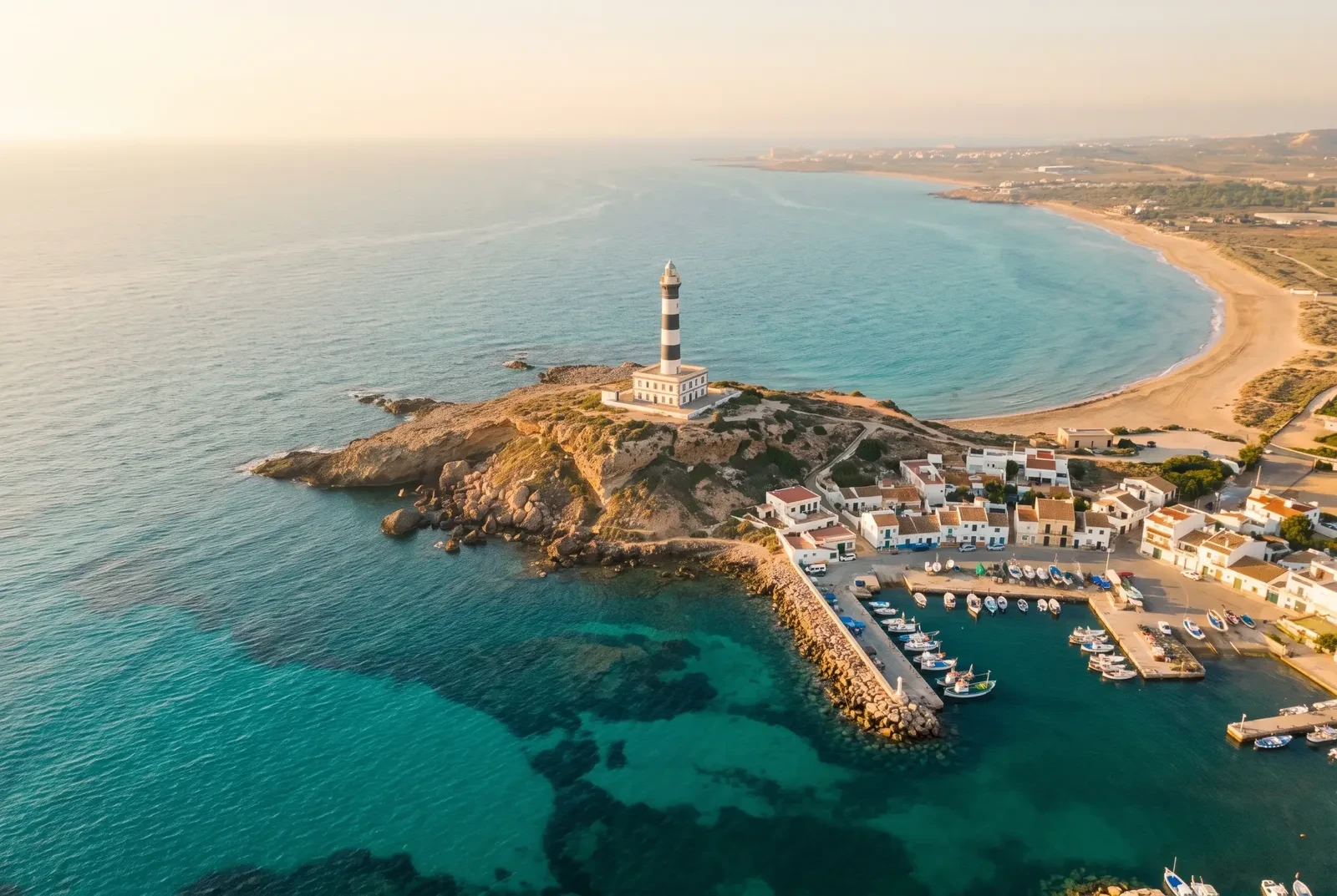 Le phare de Cabo de Palos, son port de pêche et la plage voisine, Costa Cálida