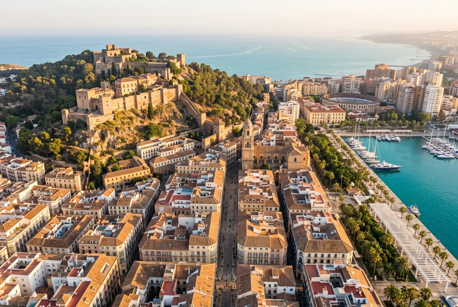 L’Alcazaba et le château de Gibralfaro au-dessus du port de Málaga, Costa del Sol